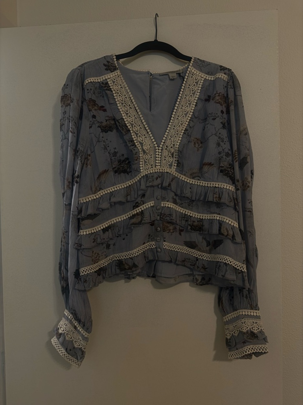 All Saints Pale Blue Floral Lace-Trim Blouse